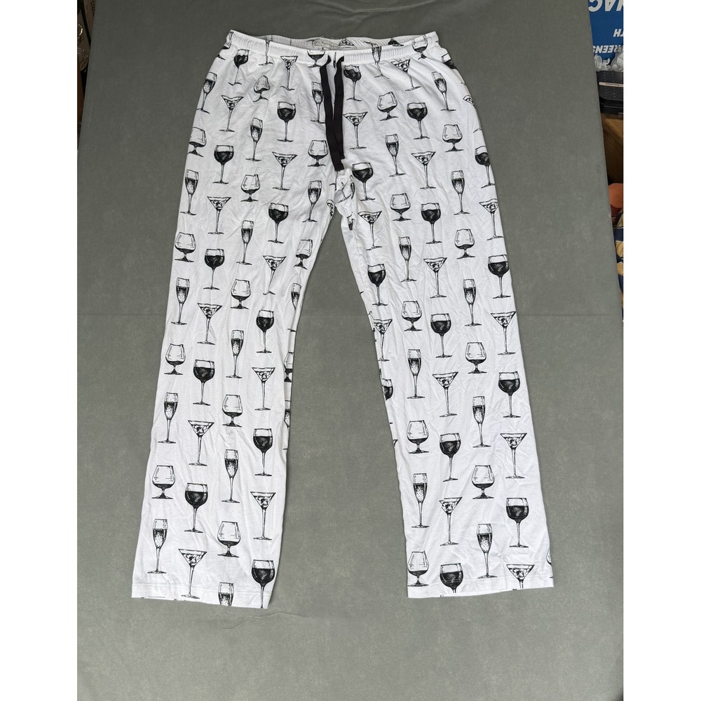 PJ Salvage Womens Wine Glass Print Pajama Pants White Black Size M Cotton Blend